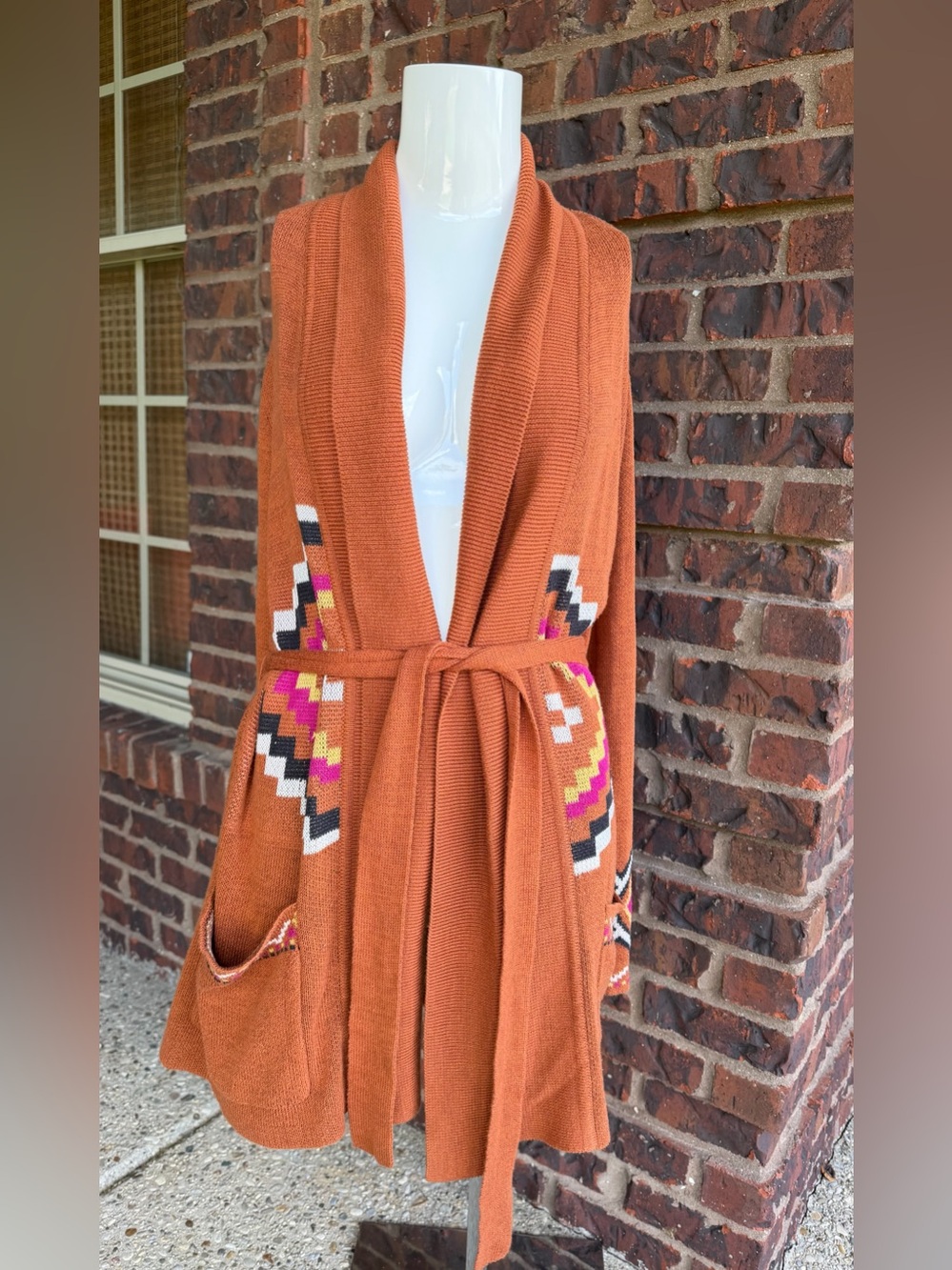 Billabong Rust Orange Aztec Geometric Long Belted Cardigan Sweater Size Medium